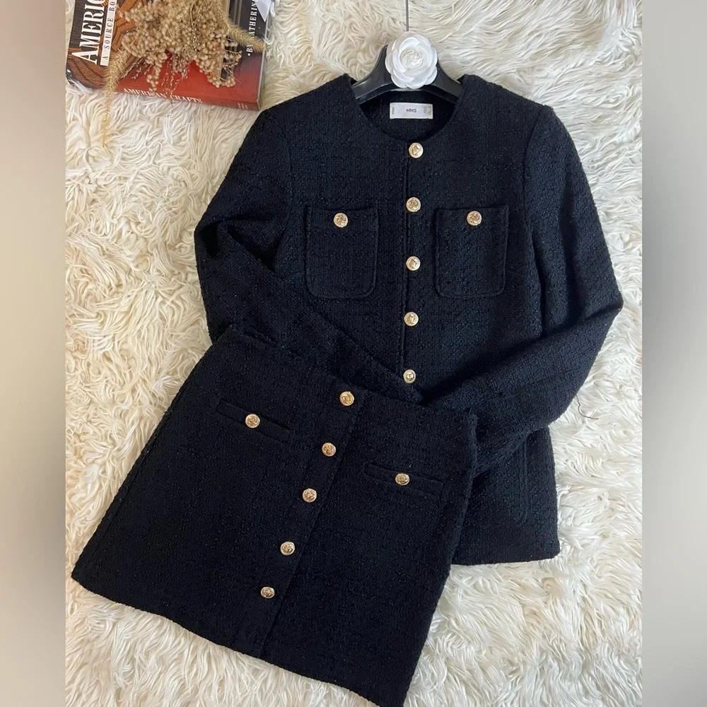 Mango Black Tweed Blazer and Skirt Set with Gold Buttons - Picture 1 of 8